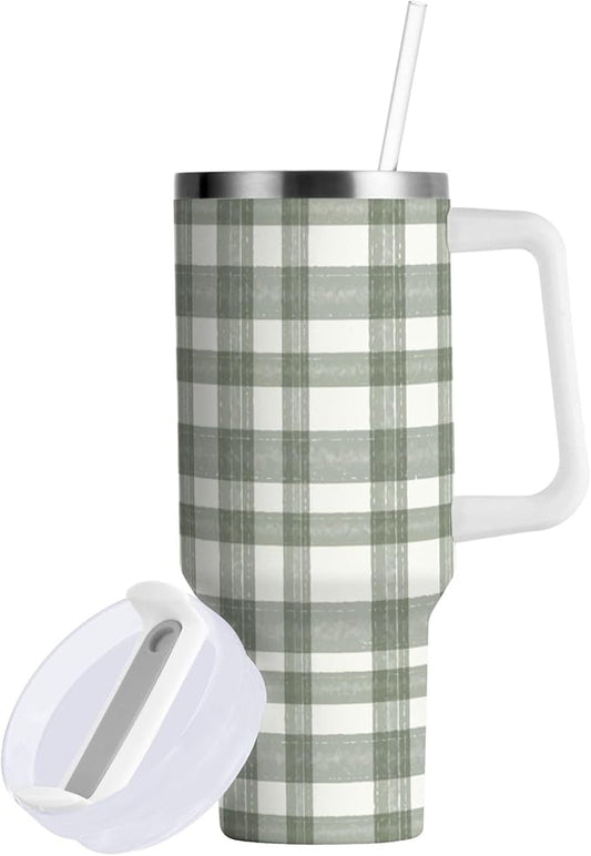 Boccsty Watercolor Sage Green Plaid Insulated Tumblers Reusable Stainless Steel Tumbler 40 oz Cup Coffee Travel Mug Water Bottle with Handle & Flip Straw for Home Office Car