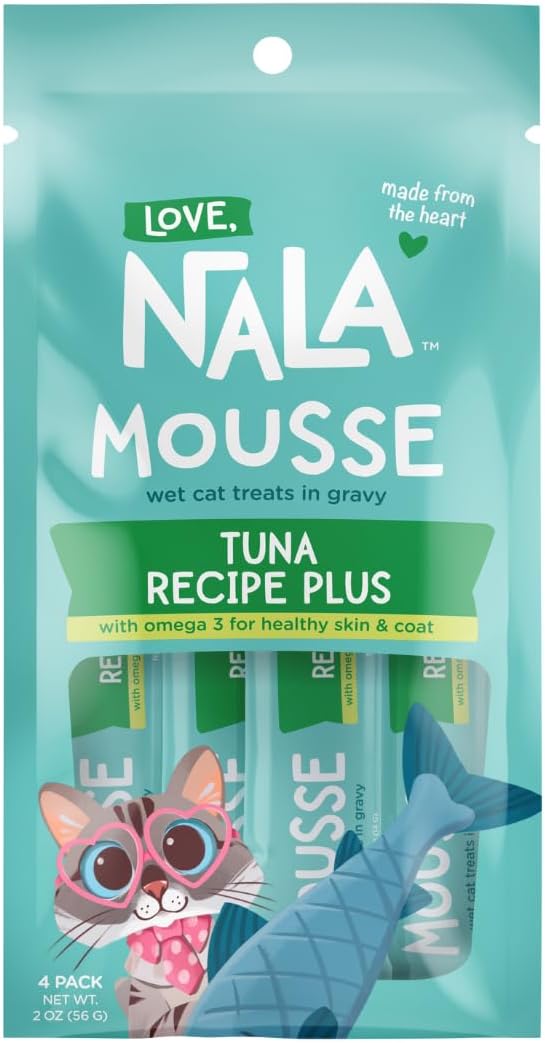 LOVE, NALA -Brain & Heart Health - Tuna Plus Omega 3 Mousse - Wet Food Cat Puree - Lickable Cat Squeeze Up Treat, Topper - Grain Free, Fiber, Minerals, Vitamins - 4 Pack 2 oz.