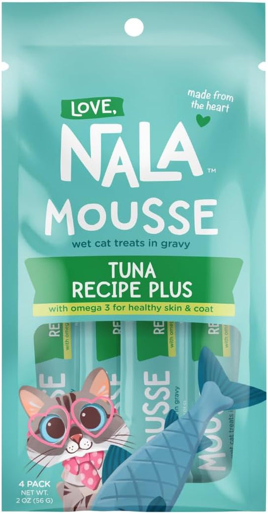 LOVE, NALA -Brain & Heart Health - Tuna Plus Omega 3 Mousse - Wet Food Cat Puree - Lickable Cat Squeeze Up Treat, Topper - Grain Free, Fiber, Minerals, Vitamins - 4 Pack 2 oz.