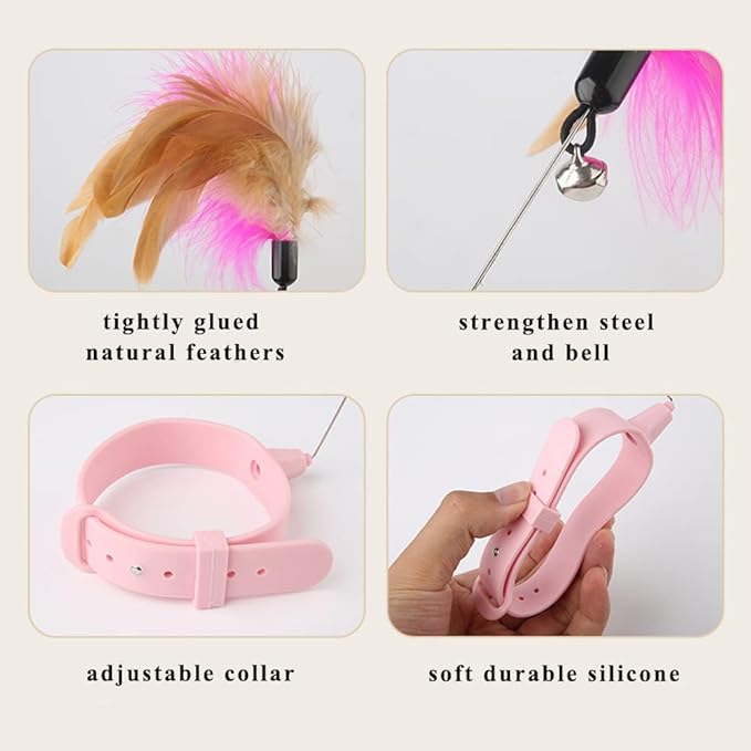 Cat Teasing Wand Silicone Collar Hands Free Toy with Bell and Feathers Interactive Cat Toys (Pink)