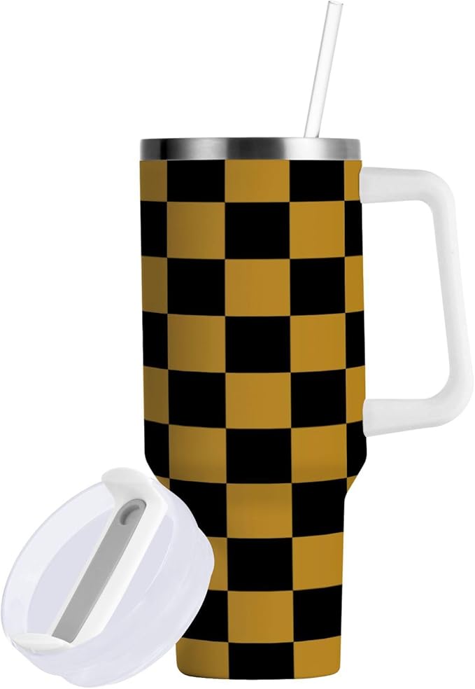 Boccsty Black Gold Squares Checkered Insulated Tumblers Reusable Stainless Steel Tumbler 30 oz Cup Coffee Travel Mug Water Bottle with Handle & Flip Straw for Home Office Car