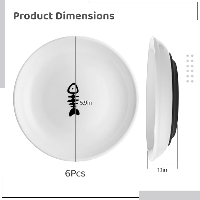 Dorakitten Ceramic Cat Bowls 6 Packs, No Whisker Fatigue Wide Shallow Cat Dishes with Non-Slip Silicone Bottom, Pet Cat Food Water Plates Bowls, 15cm Diameter, 6Pcs Fish bone