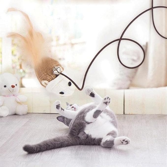 1 Piece Interactive Cat Wand Toy with 2 Feathers and Bell on a String