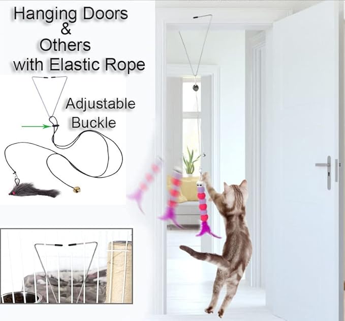 Interactive Cat Toys,Hanging Cat Toy Kits 10Pcs Cat Feather Toys Hanging Door Retractable Ropes,Upgraded Mouse Toys Set Kitten Play Teaser for Cat Jump Exercise (10Pcs)