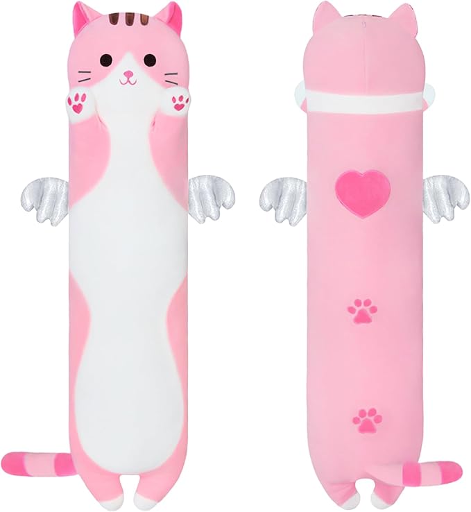 Cute Cat Plush Pillow, Pink Long Stuffed Animal Soft Kitten Plushie Kawaii Cat Stuffed Toy for Kids, Girlfriend (110cm/43.3inch)