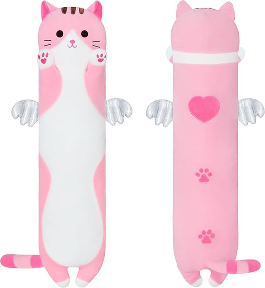 Cute Cat Plush Pillow, Pink Long Stuffed Animal Soft Kitten Plushie Kawaii Cat Stuffed Toy for Kids, Girlfriend (110cm/43.3inch)