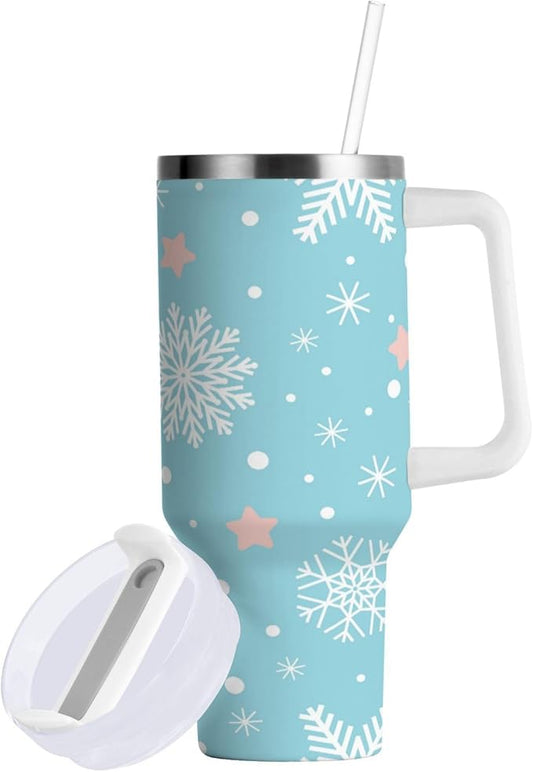 Boccsty Blue White Snowflakes Christmas Insulated Tumblers Reusable Stainless Steel Tumbler 40 oz Cup Coffee Travel Mug Water Bottle with Handle & Flip Straw for Home Office Car