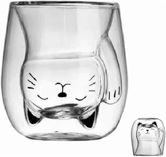 ANSQU Cute Mug Cat Tea Double Wall Glass Coffee Mugs, Espresso Shot Glass, Milk Mug (200 ml/6.8 oz), Personal Birthday Gifts and Holiday Gifts