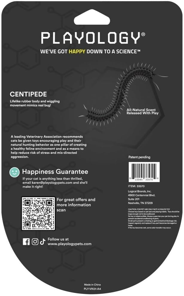 Playology Centipede Toy for Cats | Lifelike Wiggling Creature Rubber Body with All-Natural Scent | Catnip Infused Toy for Endless Fun!