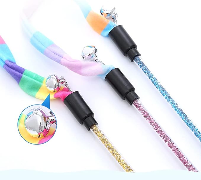 Cat Wand Toys, 3 PCS Flexible Cat String Toy with Bell Rainbow Cat Ribbon Toy Interactive Cat Toys for Indoor Cats Kittens