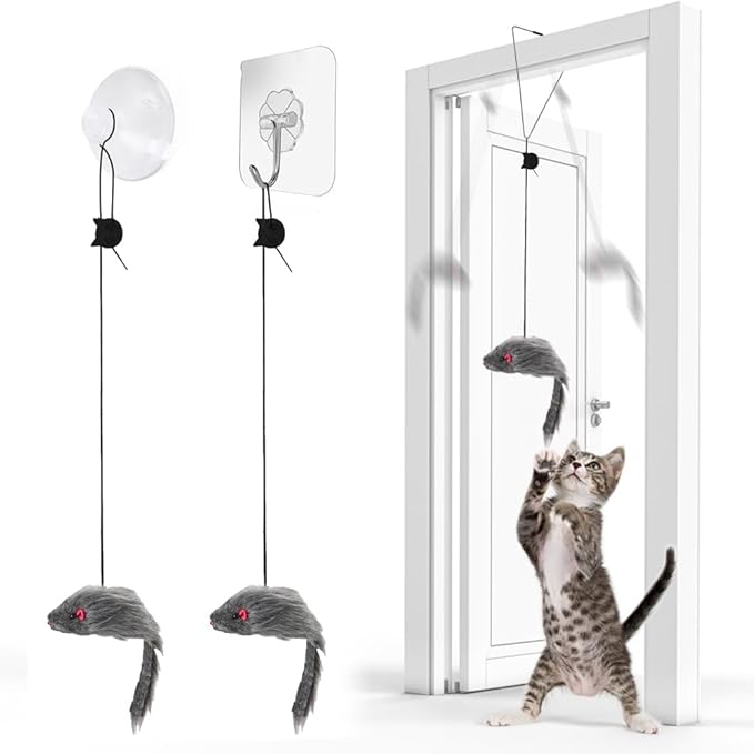 FYNIGO 2 Pcs Self Play Hanging Door Cat Mouse Toys for Bored Indoor Adult Cats Kitten,Interactive Cat Mice Toys for Hunting Exercising Eliminating Boredom, for All Breeds