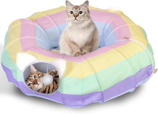 Cat Tunnel Bed for Indoor Cats; Rainbow Cat Bed with Collapsible Donut Tunnel and Washable Mat; Peekaboo Cat Cave with Tubes and Tunnels, Hanging Balls and Peepholes for Small Medium Large Cats