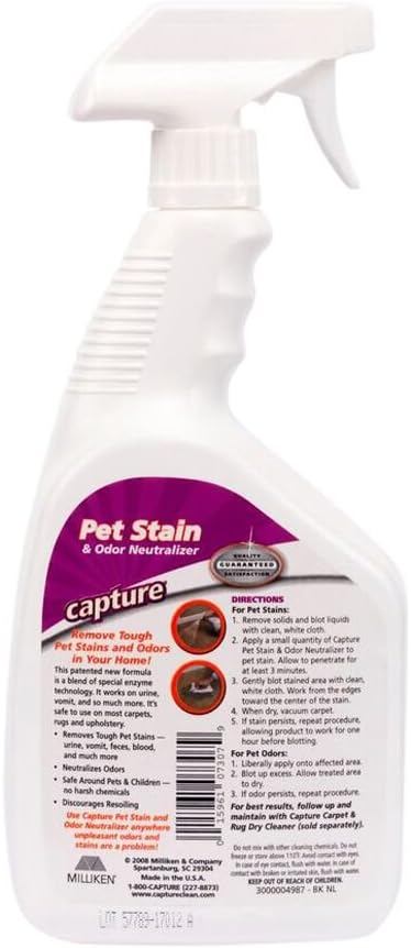Capture Pet Stain & Odor Neutralizer - Pet Stain Remover for Carpet, Wood, Leather, Rug, Bed, Couch, Car, Upholstery, Clothes, Curtains, Wall, Floor, Concrete - 32oz Portable Spray Bottle