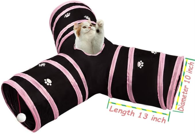 Cat Tunnel Tube Toys, Pink Paw Tunnels for Indoor Cats, 3 Way Collapsible Interactive Toy Maze House with Peek Holes Ball for Rabbit, Kitten, Kitty, Puppy