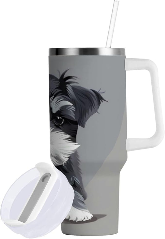 Boccsty Grey Schnauzer Dog Insulated Tumblers Reusable Stainless Steel Tumbler 30 oz Cup Coffee Travel Mug Water Bottle with Handle & Flip Straw for Home Office Car
