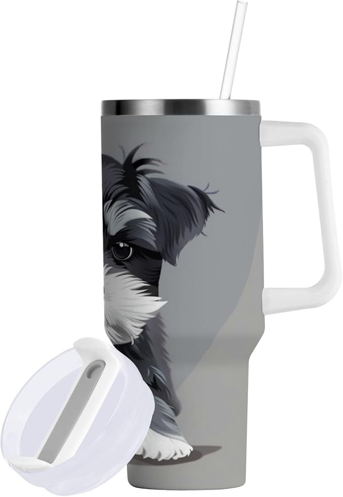 Boccsty Grey Schnauzer Dog Insulated Tumblers Reusable Stainless Steel Tumbler 40 oz Cup Coffee Travel Mug Water Bottle with Handle & Flip Straw for Home Office Car