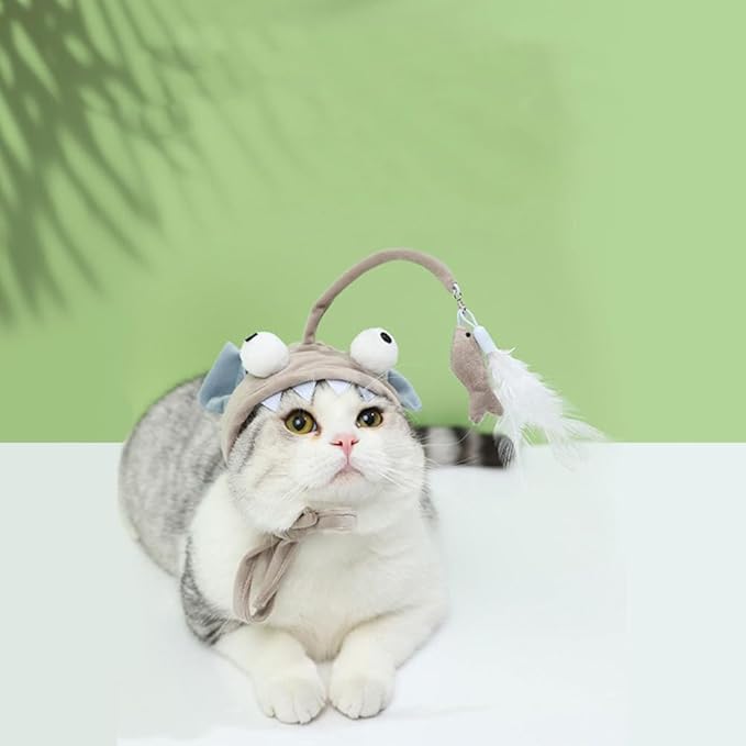 POPETPOP Pet Cat Teaser 2pcs Head Mounted Cat Headgear Interactive Self-Service Adjustable Size Cat Hat Feather