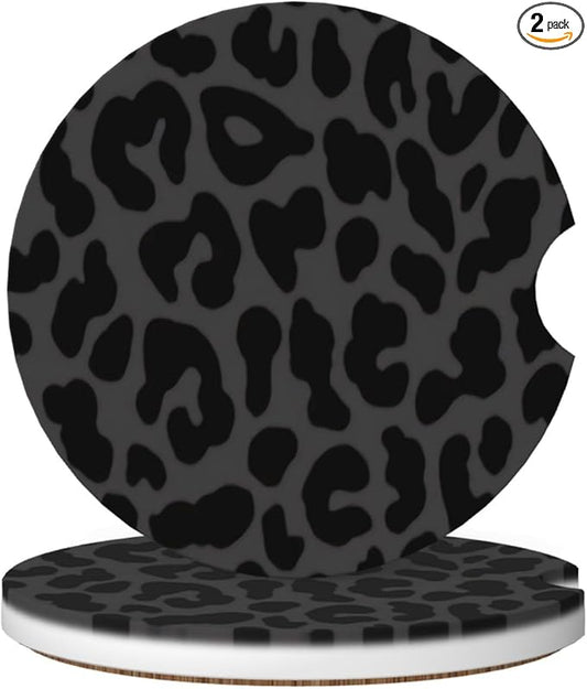 Absorbent Ceramic Car Coasters for Cup Holders, Black Leopard Cheetah Print Design 2.56" Anti Slip Universal Drink Cup Coasters for Women Men (2 Pack)