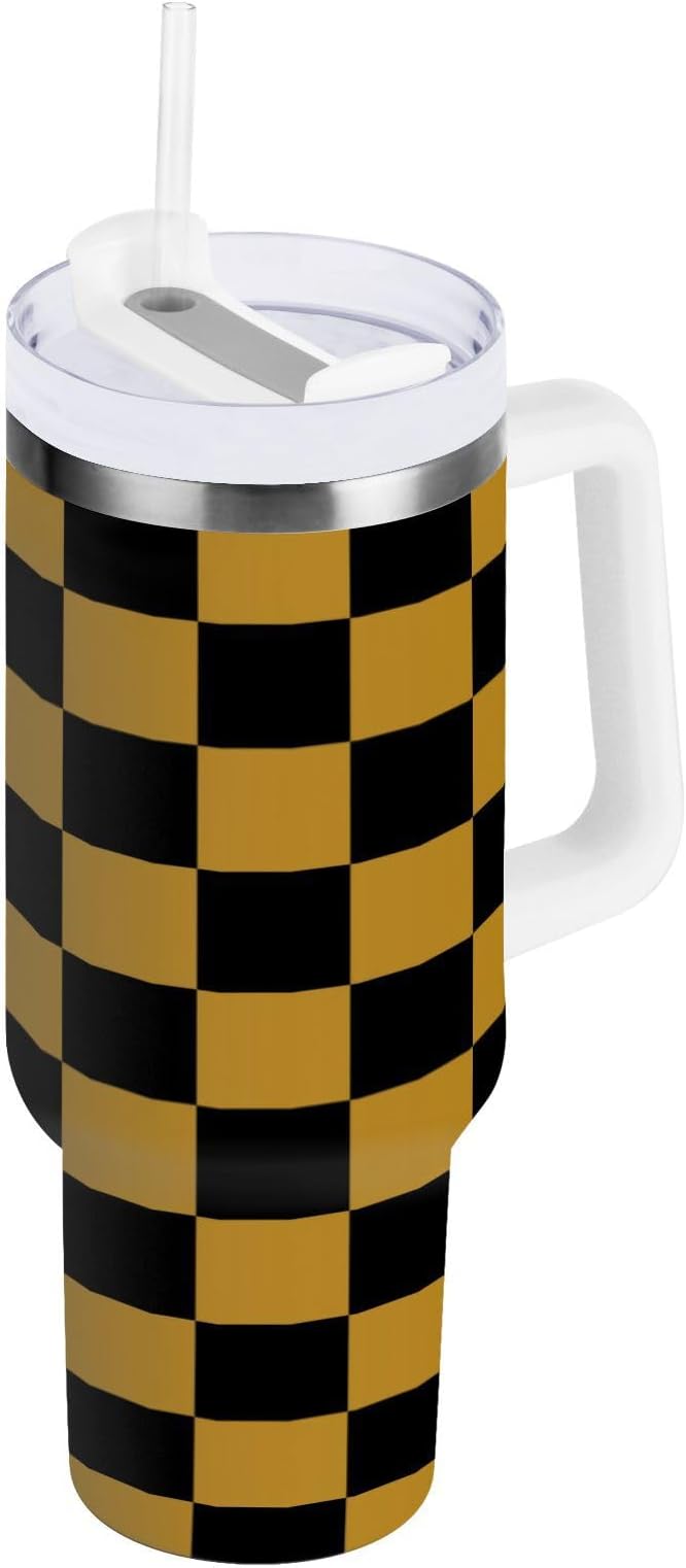 Boccsty Black Gold Squares Checkered Insulated Tumblers Reusable Stainless Steel Tumbler 40 oz Cup Coffee Travel Mug Water Bottle with Handle & Flip Straw for Home Office Car