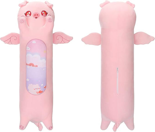 AIXINI Long Pig Plush Pillow Cute Angel Pink Pig Stuffed Animals, Soft Kawaii Piggy Plushies Pillow Toy for Kids (Angel Pig,27.5inch)