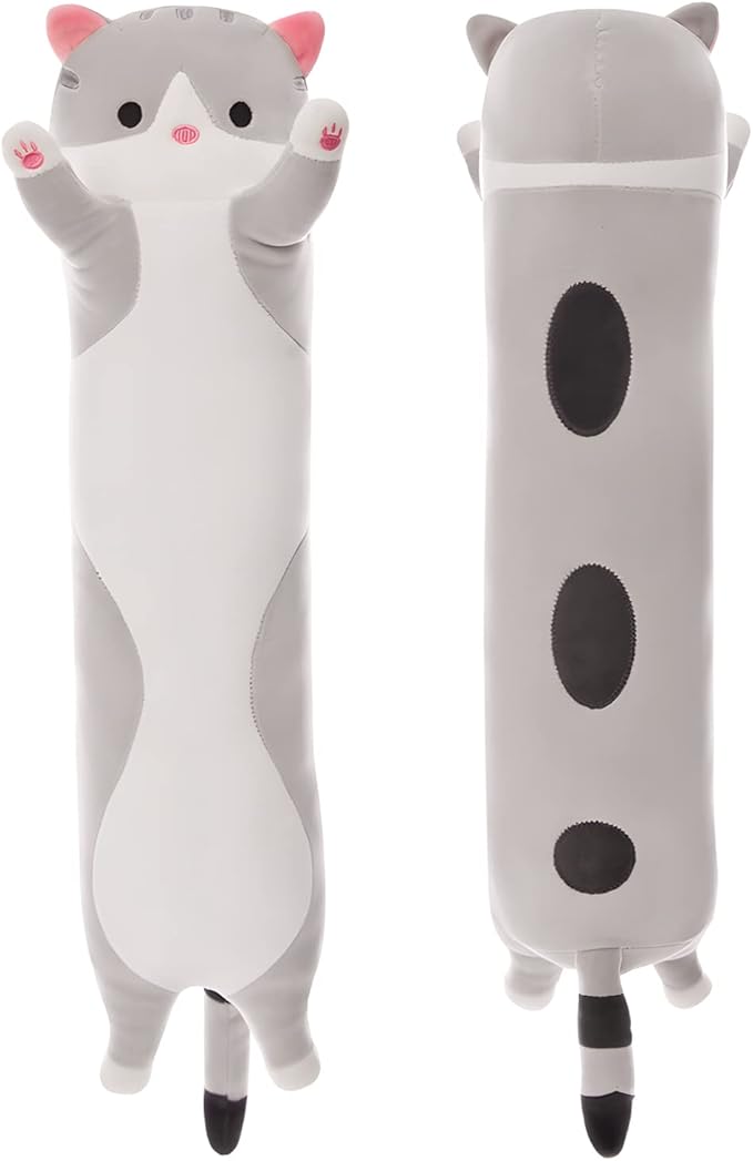 Long Cat Plush Pillow, 19.6in Cute Cat Plushie Stuffed Animals Body Pillow, Grey Kawaii Kitten Soft Plushie Doll Toy Birthday Gift for Kids Girlfriend