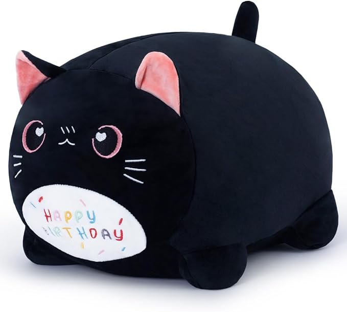 Birthday Cat Plush Pillow Stuffed Animal Toy, Black Birthday Cat Plush Stuffed Animals, Soft Cat Plush Pillow for Kids(Black Cat, 25cm/9.8inch)
