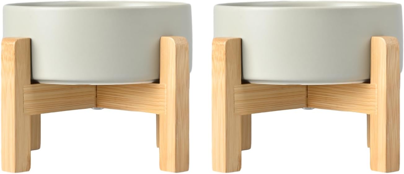 SPUNKYJUNKY Ceramic Elevated Dog Bowls 2 Pack - 6.1inch Raised Dog Bowls with Non-Slip Wooden Stand for Medium Dogs Dishwasher Safe(Grey,28.7OZ*2)