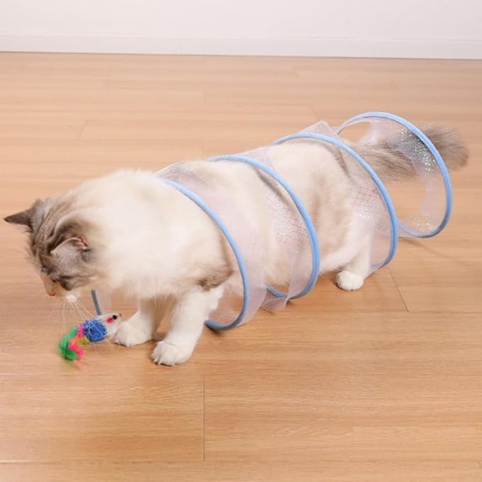 Collapsible Cat Tunnel, Funny Cat Tunnels for Indoor Cats, Foldable Cat Play Tunnel, Interactive Toy Maze Cat Toy with Play Ring for Cats, Puppy, Kitty, Rabbit (Blue)