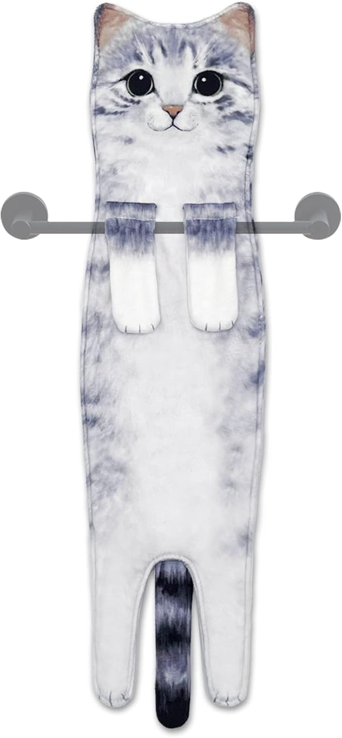 Hand Towels for Bathroom Kitchen,Cute Cat Quick-Dry Hanging Hand Towels Decorative for Bathroom Face Towels,Funny Gifts for Cat Lovers (Grey)