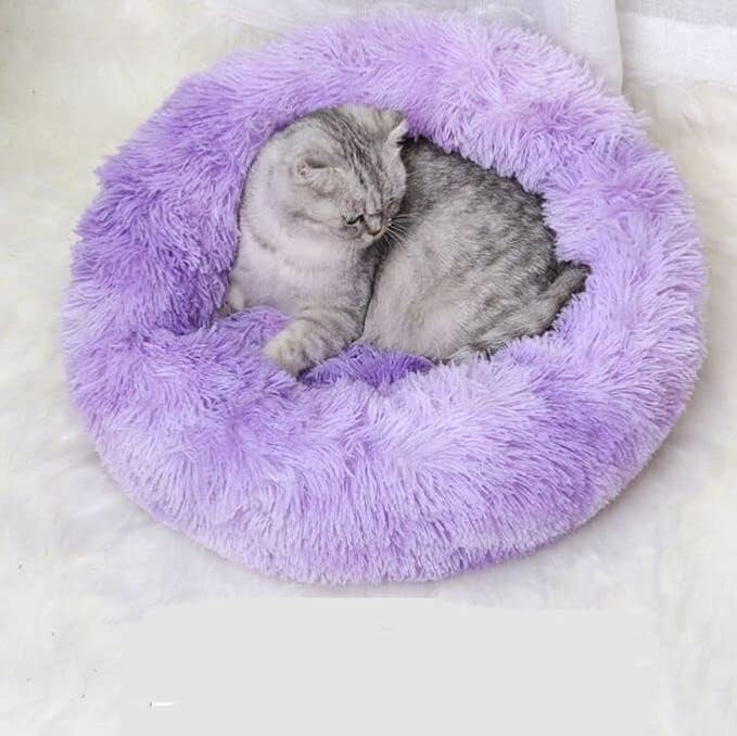 Cat Beds for Indoor Cats - Cat Bed Washable 24 inches, Dog Beds for Small Medium Dogs, Anti Anxiety Round Fluffy Plush Faux Fur Cat Bed, Thick Bottom (Purple, Large)