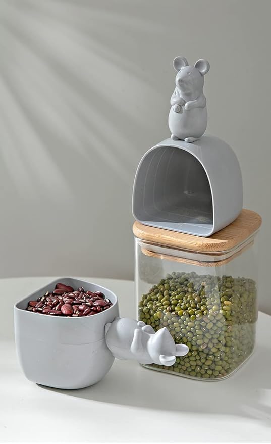 Dog Food Scoop, Pet Food Scoop, sturdy scoop for all kinds of dry foods. Cute Mouse Shape Handle Design Pet Food Can Spoon Suitable for Dogs Cats Birds, Measuring Cup (Grey)