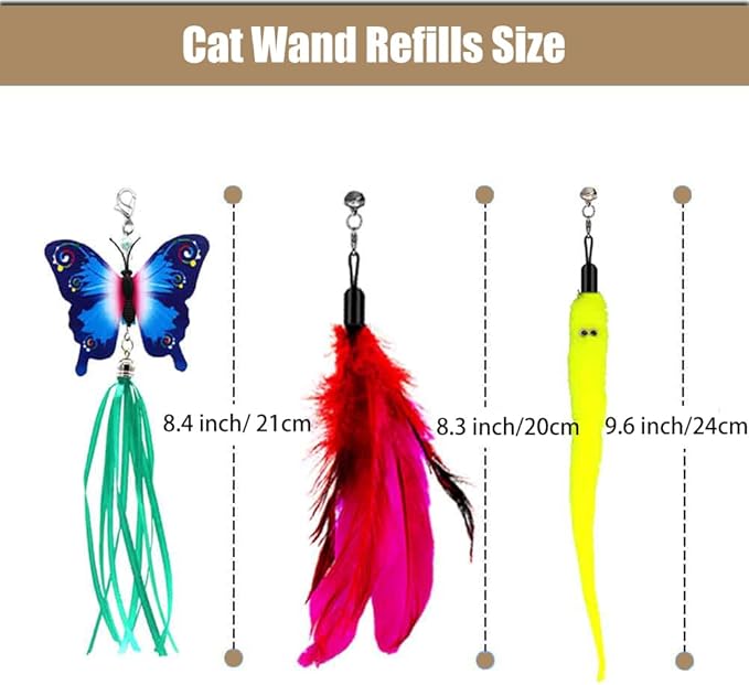 Cat Wand Toy, Interactive Cat Toys with 2 Poles & 9 Attachments Worm Feathers, Cat Feather Toy for Kitten Cat for Indoor Cats