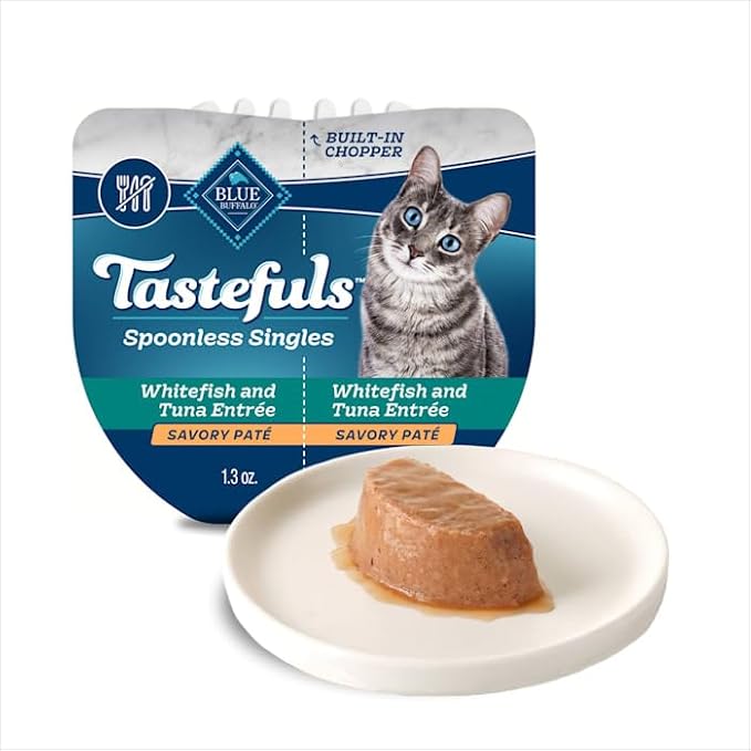 Blue Buffalo Blue Tastefuls Spoonless Singles Whitefish and Tuna Entree Adult Pate Wet Cat Food, 2.6 oz., Case of 10