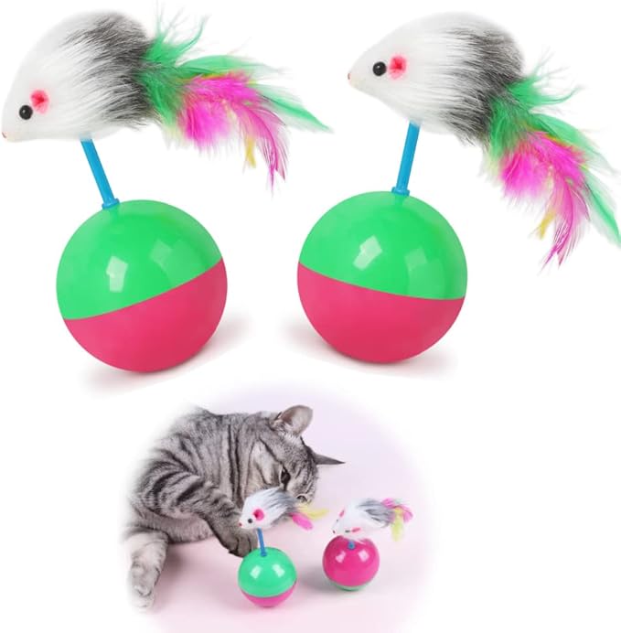 2 PCS Cat Mouse Toy Furry Tumbler Mouse Cat Toy Interactive Cat Stick Interactive Cat Mice Toys Interactive Cat Toy with Sound for Wee Kitten Hunting Exercising Eliminating Boredom for cat