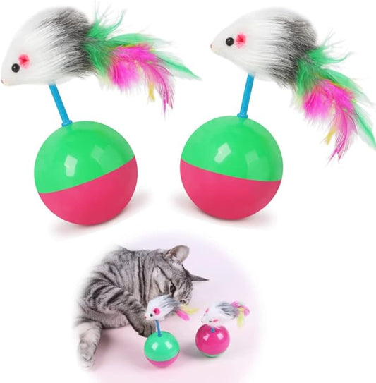 2 PCS Cat Mouse Toy Furry Tumbler Mouse Cat Toy Interactive Cat Stick Interactive Cat Mice Toys Interactive Cat Toy with Sound for Wee Kitten Hunting Exercising Eliminating Boredom for cat