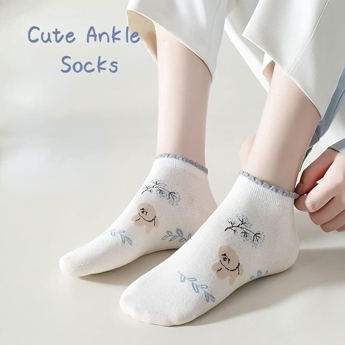 5/10 Pairs Combed Cotton Socks for Women with Cute Animals/Flowers Patterned Ankle Socks