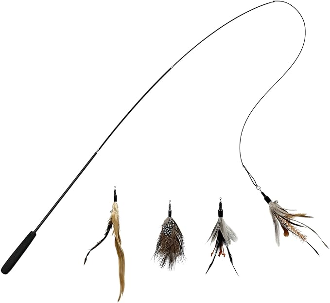 Cat Feather Wand Toys,Retractable Wand Toy with 4 Feather Refills, Interactive Cat Toy Kitten Toy for Indoor Cats to Play Chase Exercis
