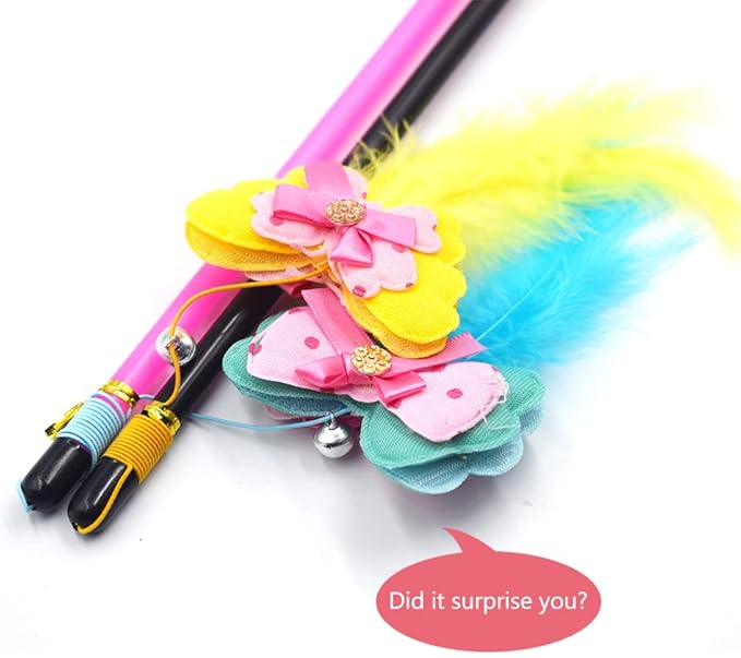 Cat Wand Toy 2 PCS Interactive Cat Feather Wands Cat Teaser Wand with Butterfly and Bell for Cat Kitten
