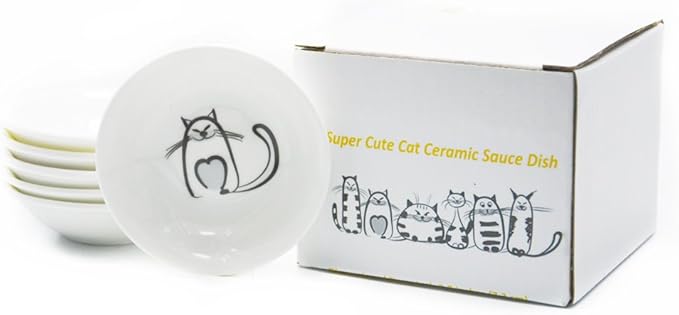 BigNoseDeer Super Cute Cat Ceramic Sauce Dish,Mini Side Seasoning Dish,Condiment Dishes,Sushi Soy Dipping Bowl,Snack Serving Dishes,Meow Porcelain Small Saucer Set(Set of 6)
