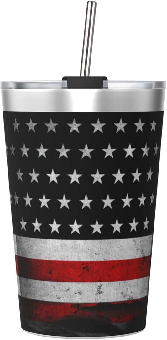 12 OZ Insulated Tumbler Mug with Lid Straw, American Flag Double Wall Vacuum Insulated Travel Coffee Cup for Hot and Cold Drinks