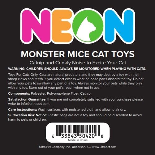 NEON Monster Mice: 5pc Catnip Cat Toy Set (Cyclops-Mouse, Dracu-Mouse, Franken-Mouse, Mum-Mouse, Skele-Mouse)