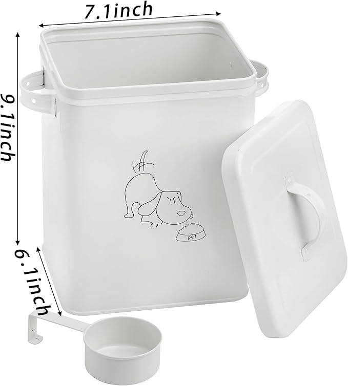 SOUJOY Pet Treat and Food Storage Bin with Lid and Scoop, 6LBS White Vintage Farmhouse Storage Tin, Coated Carbon Steel Canister, Gift for Dogs Owners