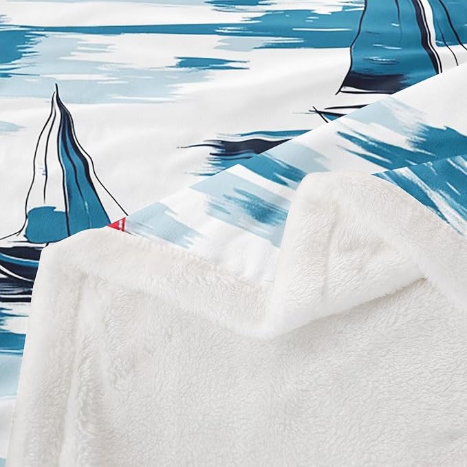 Sailboat Sherpa Blanket Sailboat Printed Fleece Throw Blanket Nautical Plush Blanket for Sofa Couch Bed Bedroom Decor Ocean Marine Themed Fuzzy Blanket Sea Adventure King 87x95 Inch