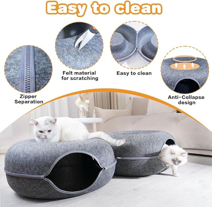 Cat Tunnel Bed, 2-in-1 Cat Donut Tunnel Bed for Indoor Cats Scratch Resistance & Washable & Detachable Round Felt Cat Cave Bed All Seasons (24 Inch, Dark Grey)