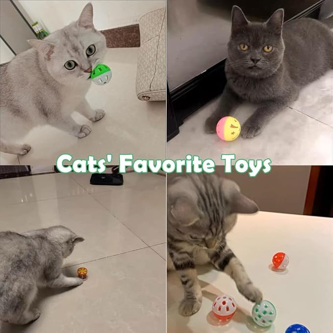 Cat Jingle Balls Toys 10Pcs 6 Styles for Indoor Cats - Plastic Lattice Cat Balls with Bells Kitten Rattle Toy, Gift Box and 1.5"