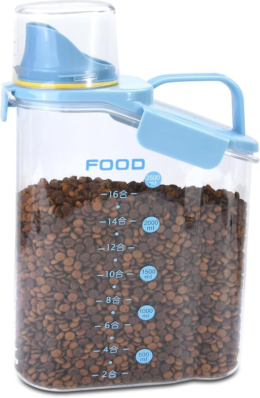 Dog Food Storage Container 3-5lbs, Dog Food Container with Airtight Pour Spout, Cat Food Storage Container with Measuring Cups, Portable Pet Food Storage Container for Dogs, Cats, Birds（Blue）