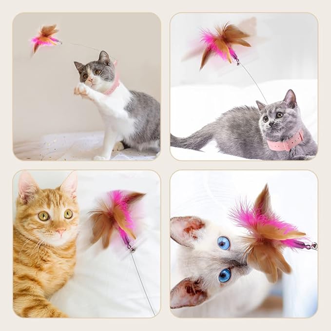 Cat Teasing Wand Silicone Collar Hands Free Toy with Bell and Feathers Interactive Cat Toys (Pink)