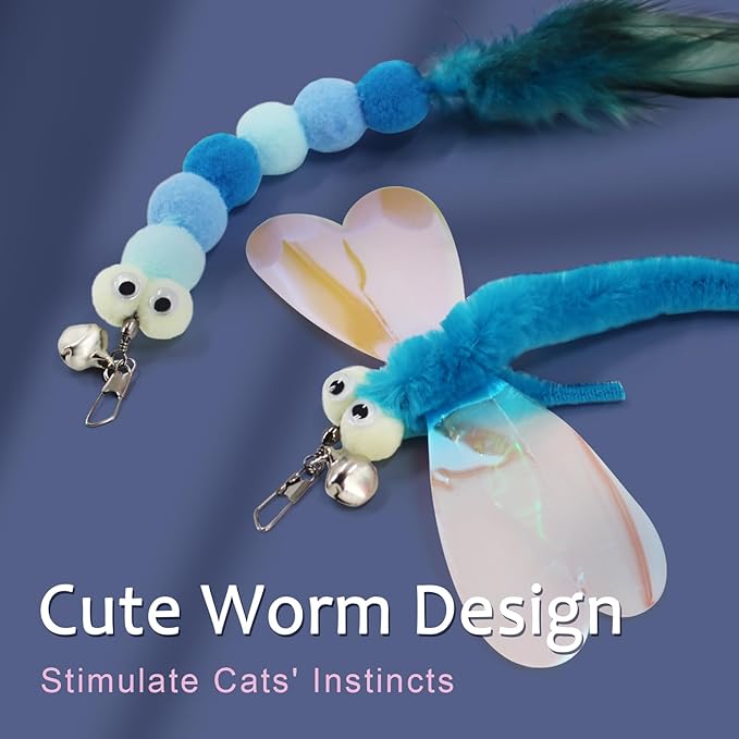 SONGWAY Cat Wand Toys for Indoor Cats - Cat Feather Toys with Retractable Cat Stick and 6 PCS Fairy Cat Teaser Toy Refills, Butterfly Tassel Plush Cat Toys Interactive, Blue