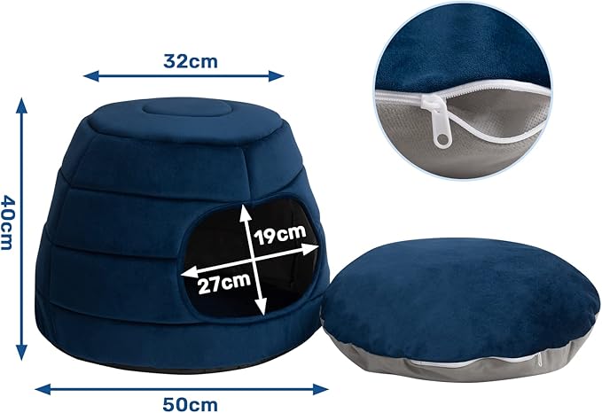 Hollypet Cat Bed for Indoor Cats - Cat Cave Bed, 2 in 1 Cat House, Cat Tent with Removable Cushioned Pillow, Soft and Self Warming Kitten Beds, Cat Beds & Furniture, Puppy or Small Pet Bed, Blue Haze
