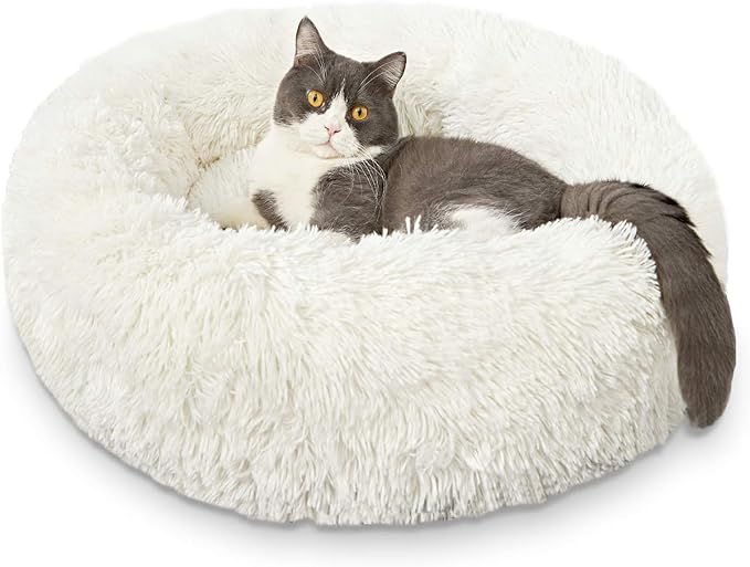 Cat Beds for Indoor Cats - Cat Bed Washable 20/24 inches, Dog Beds for Small Medium Dogs, Anti Anxiety Round Fluffy Plush Faux Fur Cat Bed, Thick Bottom (White, Medium)